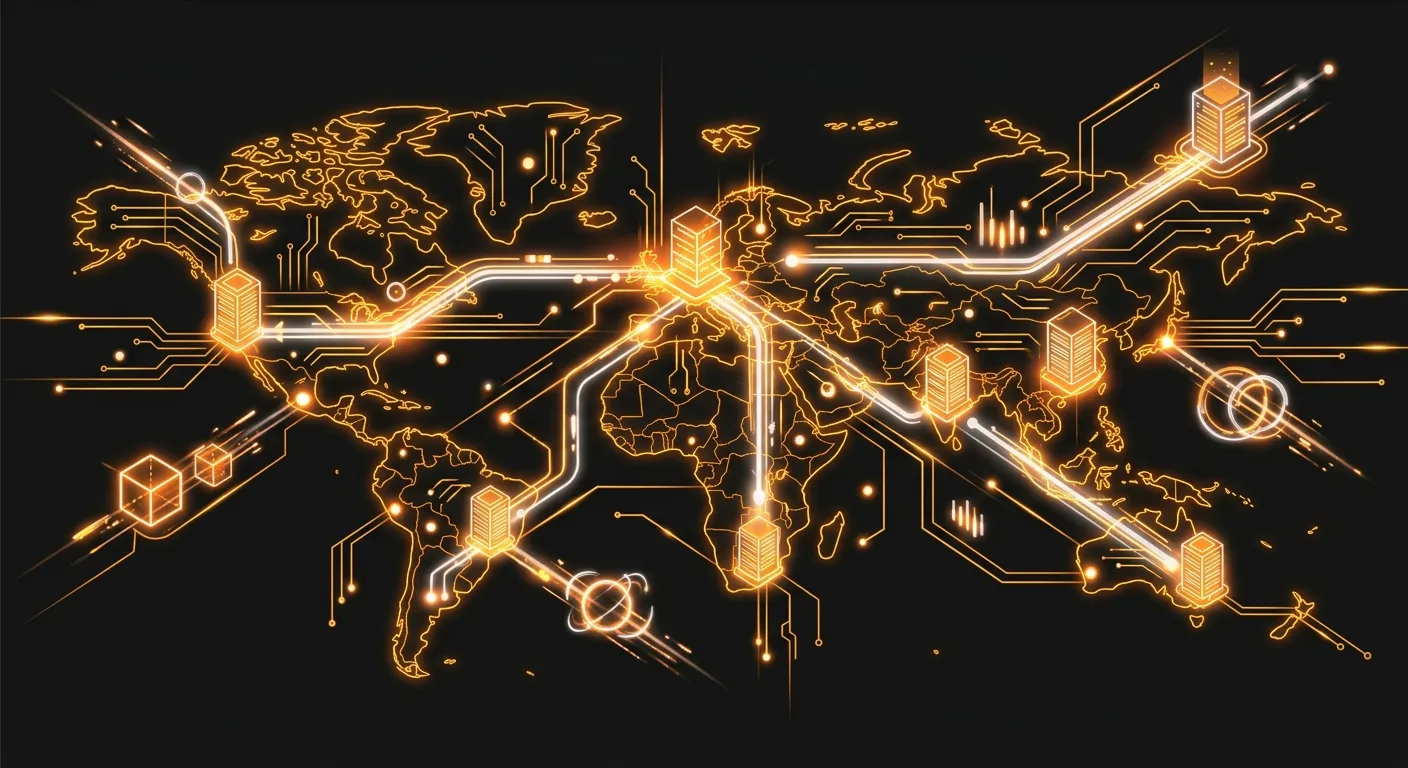 Ilustrasi koneksi server terdekat dan routing jaringan digital